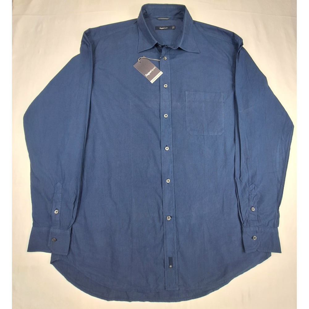 Zegna Sport Mens XXL Navy Blue Garment Dyed Cotton Button Down Shirt NWT